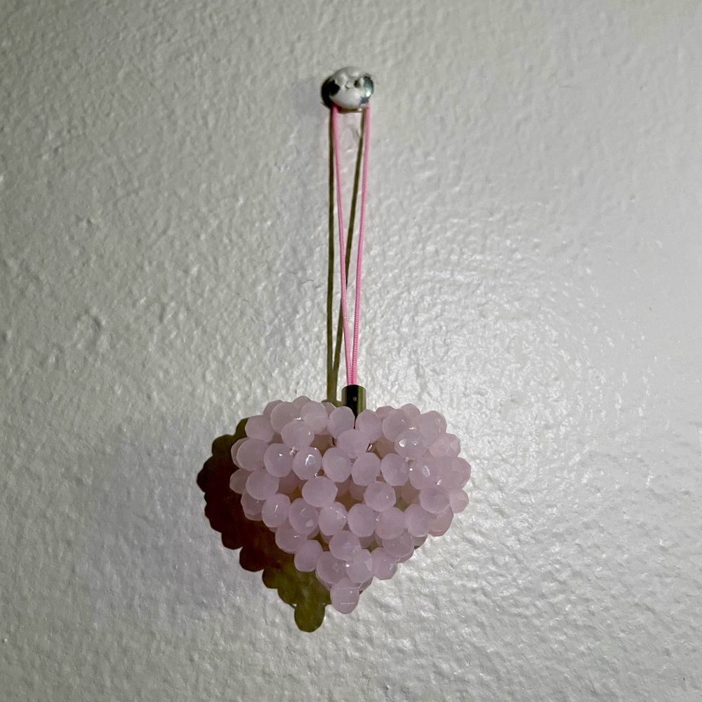 Pink Rondelle Bead Puffy Heart Keychain - Picture 2 of 2
